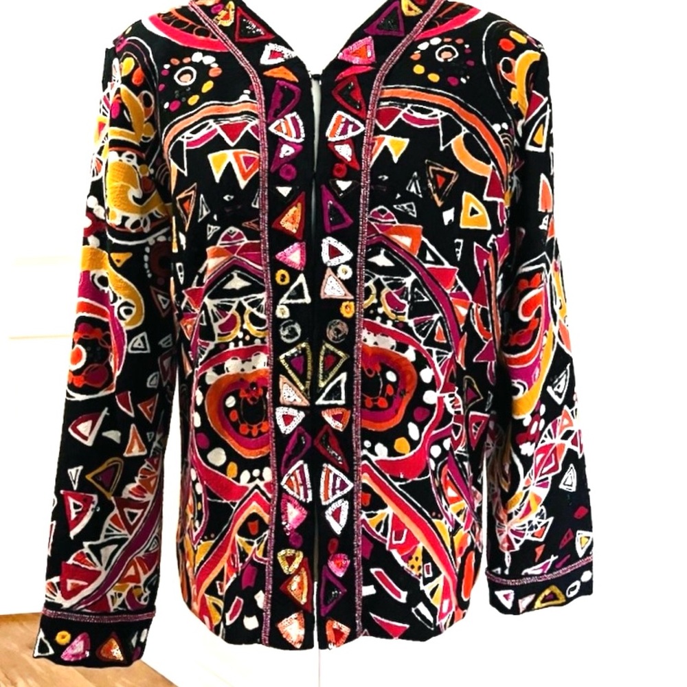 Vintage 90s Multicoloured Jacket Abstract • Beads & Sequins on Black• Statement - Picture 11 of 16